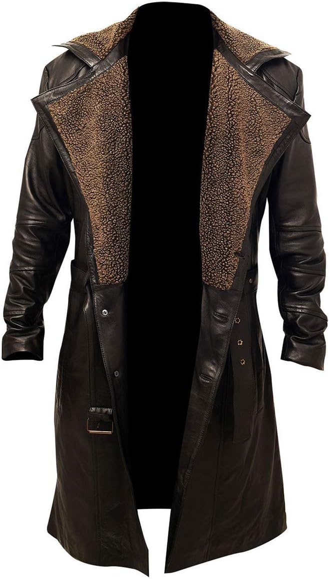 SHOQZ FASHIONZMENS GERMAN WW2 BROWN BELTED FUR REAL LEATHER TRENCH LONG WINTER COAT JACKET (S)