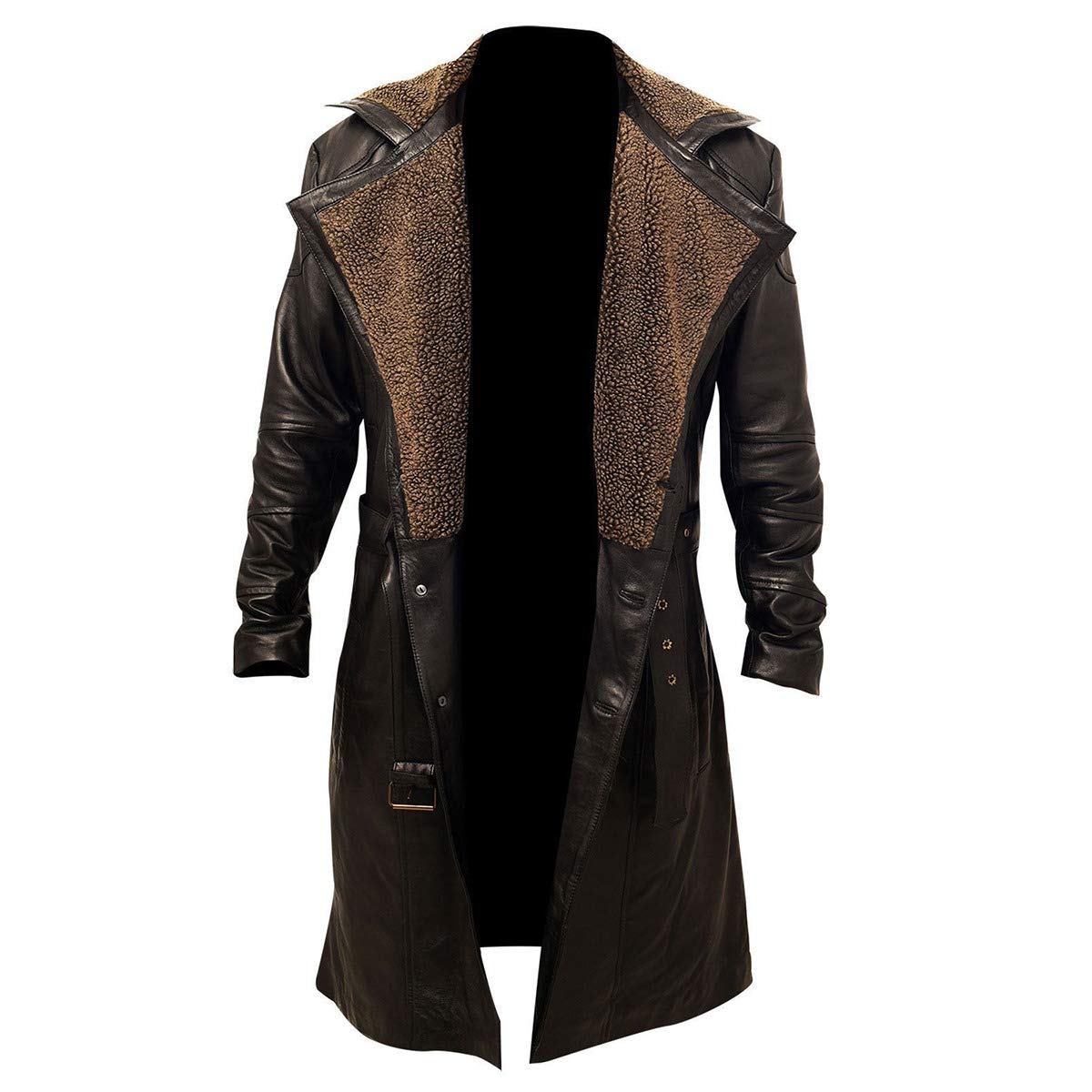 SHOQZ FASHIONZMENS GERMAN WW2 BROWN BELTED FUR REAL LEATHER TRENCH LONG WINTER COAT JACKET (S)