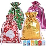 4 Pcs Christmas Ribbon Gift Bags, 58CM*43CM Drawstring Xmas Gift Bags, Christmas Bags for Presents with Xmas Cards for Party, Holiday, Birthday and Christmas Decorations
