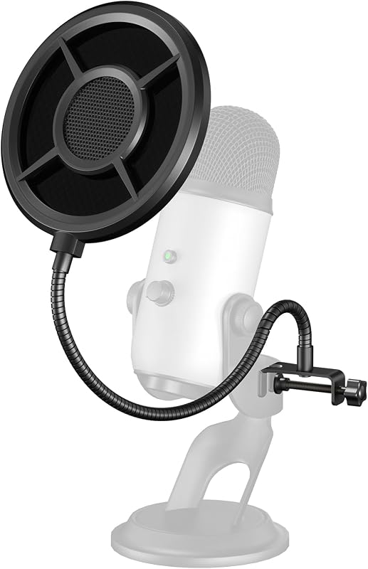 Filtro antipop para micrófono, protector de máscara de micrófono Aokeo, pantalla antiviento de tres capas con brazo estabilizador de clip de cuello de cisne flexible de 360° para todos los micrófonos