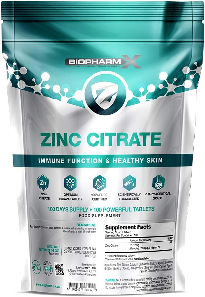 Zinc Citrate (100 Pure Certified/Maximum Strength 50mg