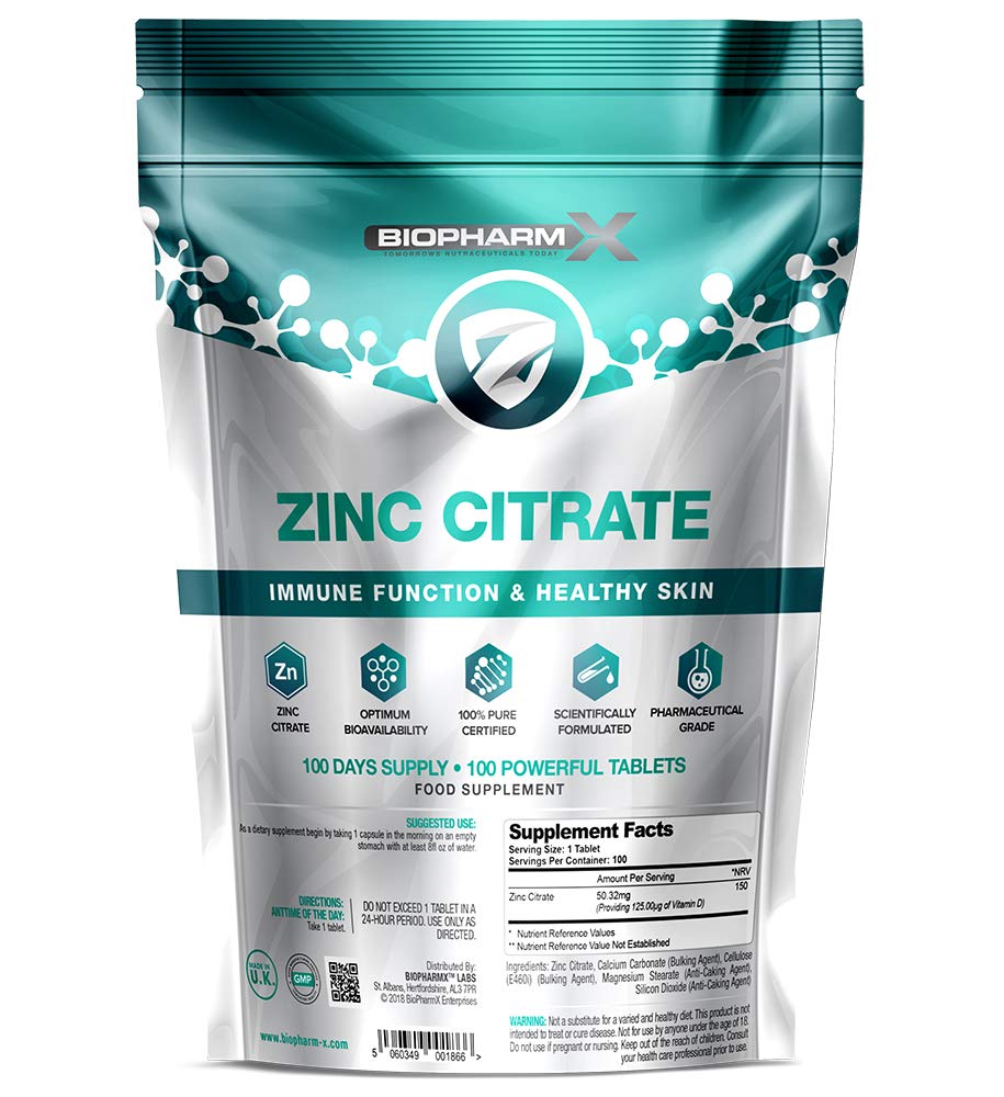 Zinc Citrate (100% Pure Certified/Maximum Strength 50mg Tablets x 100 (1 Per Day)