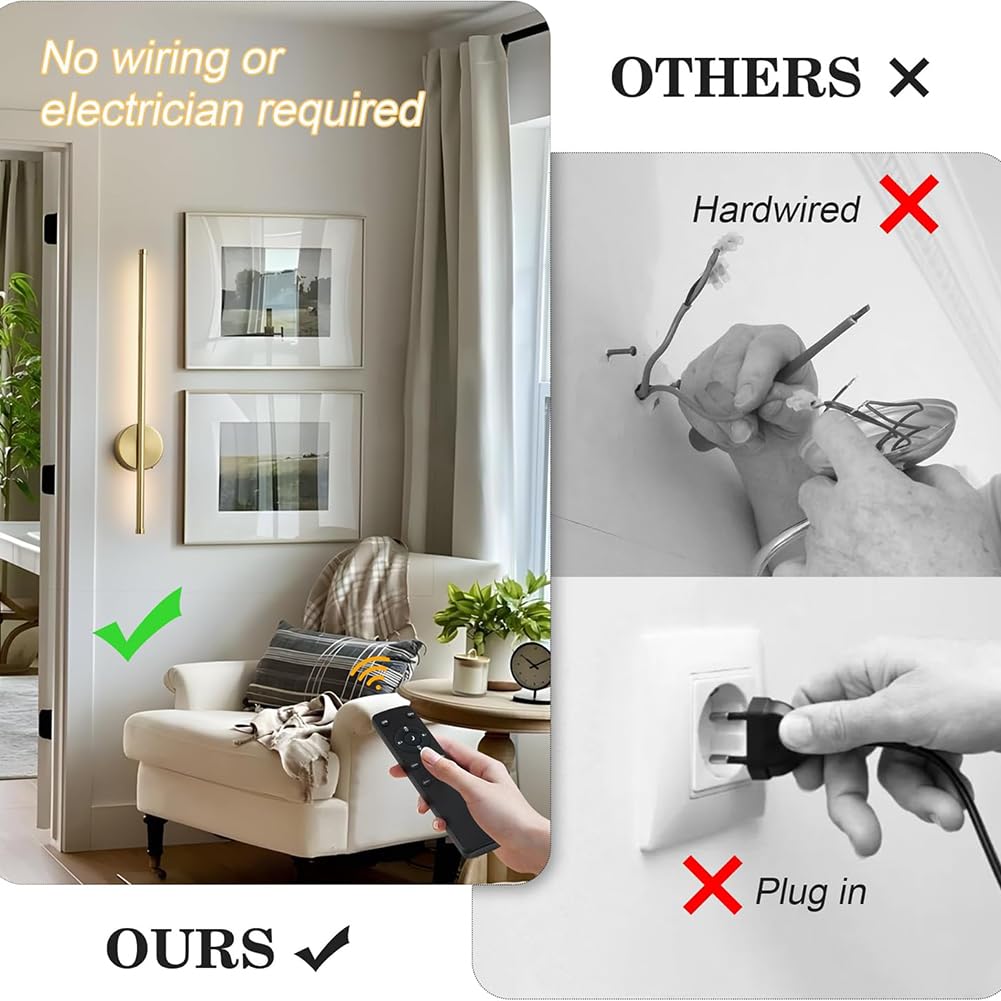 LED Wandleuchte Akku mit Fernbedienung Dimmbar Lange Wandlampe Kabellose Touch Schalter Ohne Stromanschluss Wandbeleuchtung Batteriebetrieben USB Aufladung Timer Nachttischlampe Innen,Gold,80CM