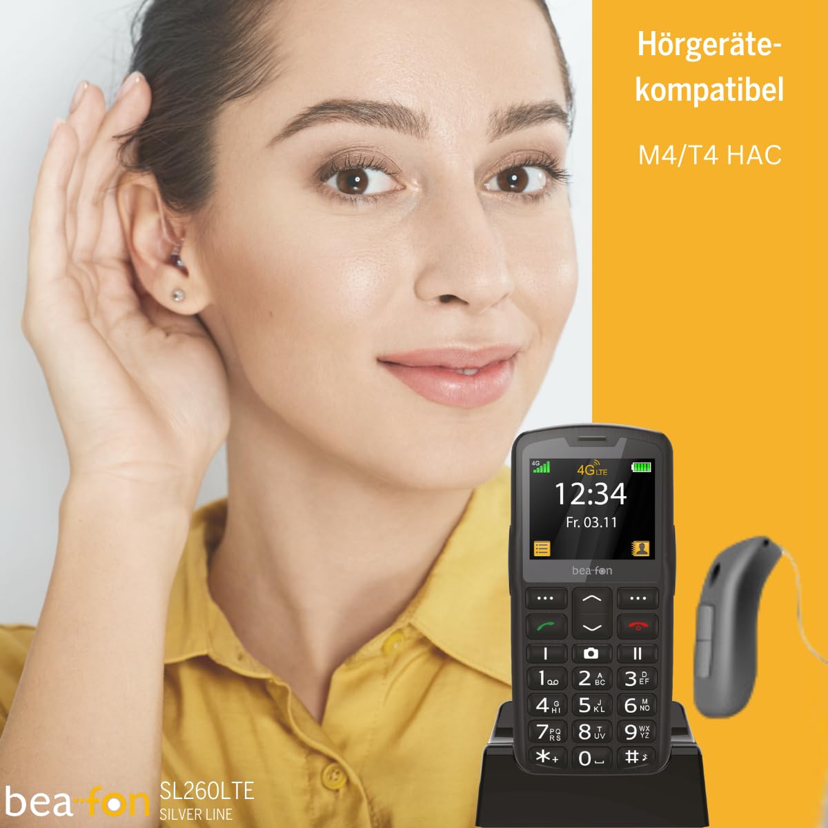 Beafon, SL260 LTE 4G, Silverline, telefon z przyciskiem, telefon komórkowy dla seniorów z przyciskiem alarmowym SOS, kompatybilny z aparatami słuchowymi, M4/T4, sygnał świetlny, wyświetlacz 2,2" (5,58