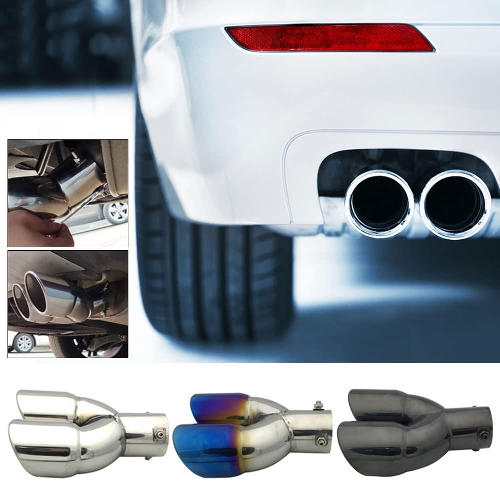Tubo de Silenciador de Escape para Coche Doble Salida de Acero Inoxidable Universales de 63mm Garganta de Cola Salida del Tubo de Escape Trasero Plata