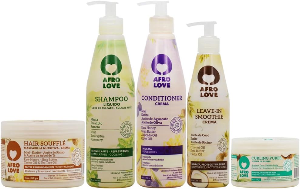 Afro Love Complete Hair Care Set, Shampoo (16oz), Conditioner (16oz), Hair Soufflé (16oz), Leave-In Smoothie Crema & Curling Puree (8oz), Sulfate-Free, Paraben-Free For Curly, Kinky & Coily Hair