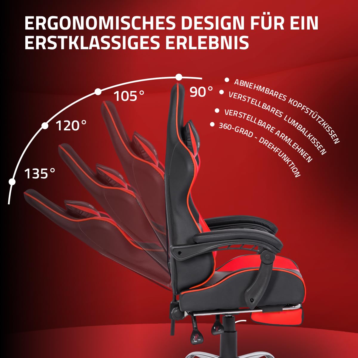 Defender Pilot,Sedia da ufficio ergonomica con poggiapiedi e cuscino lombare regolabile, angolo di inclinazione di 135°, sedia da scrivania regolabile in altezza, in ecopelle, colore: Nero/Rosso