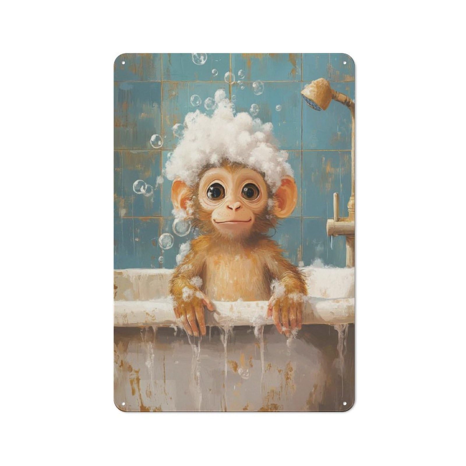Junmoney Style-1 Old Fashioned Monkey Bath Time Decorative Tin Sign 30X20cm, Nostalgic Wall Art For Bedroom, Office, Home Bar Or Dining Room