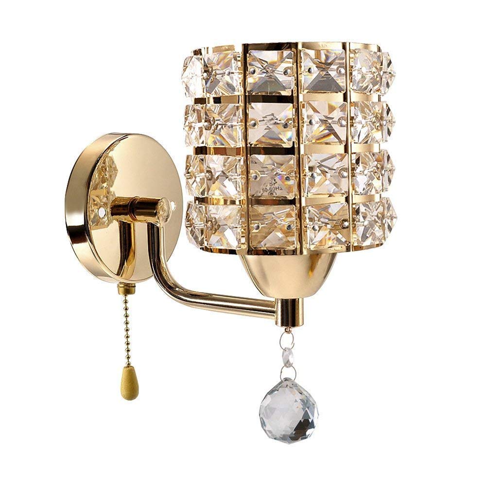 Ksovv Luxurious Crystal Wall Lamps Sconce Fixture LED Home Decoration Crystal Pendant Wall Light with Pull Cord Modern Metal E27 Wall Lighting for Bedroom Livingroom (Gold)