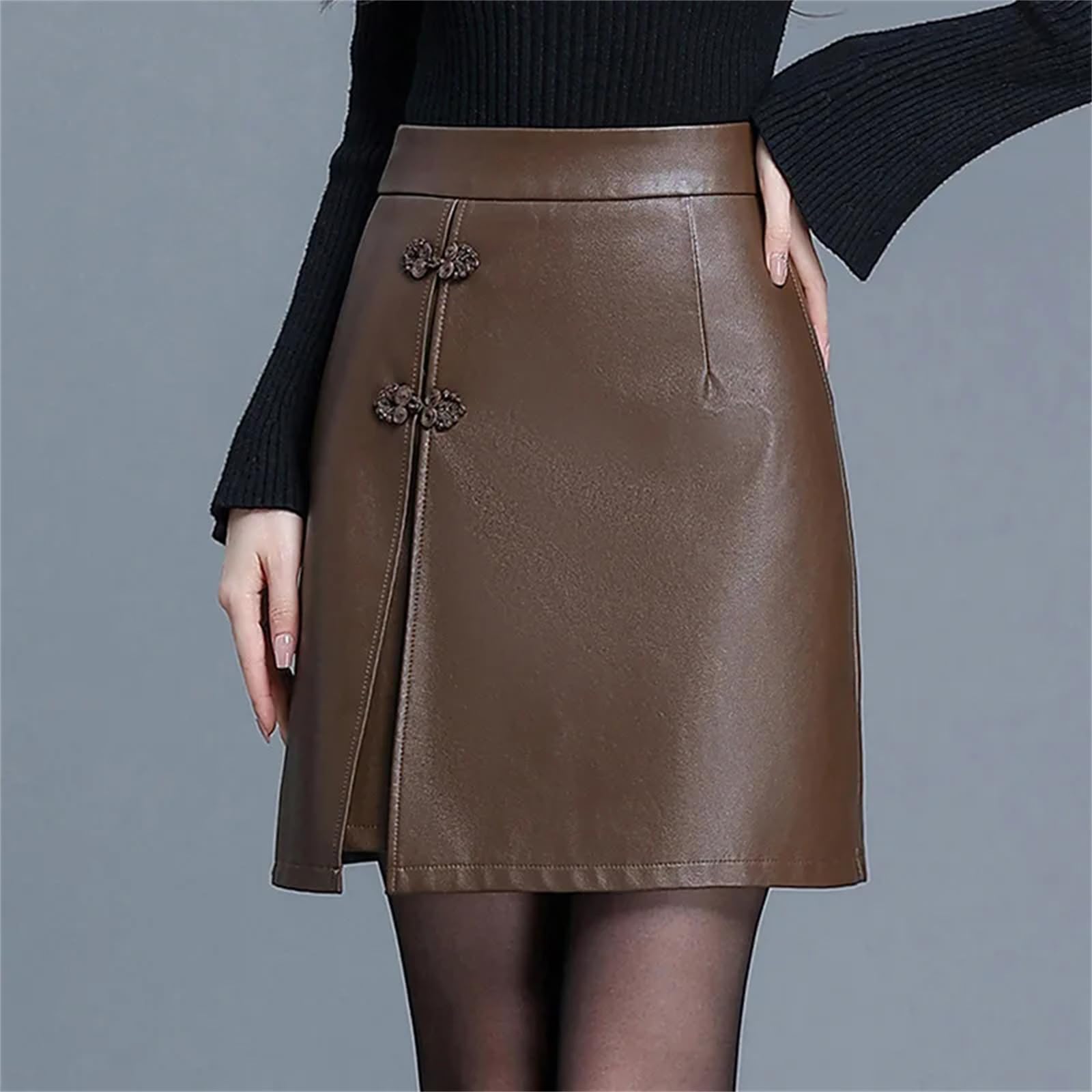 Falda de piel sintética para mujer, elegante falda de invierno, corte entallado, falda acampanada, faldas cortas para mujer