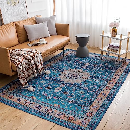 Area Rugs For Living Room 5X7 Bohemian Rugs Non-Slip Machine Washable Chenille Carpet Persian Stain Rug Bedroom Dining Kids Nursery Office Laundry Room Decor Bathroom Kitchen Indoor (Blue/Beige) #TOP1