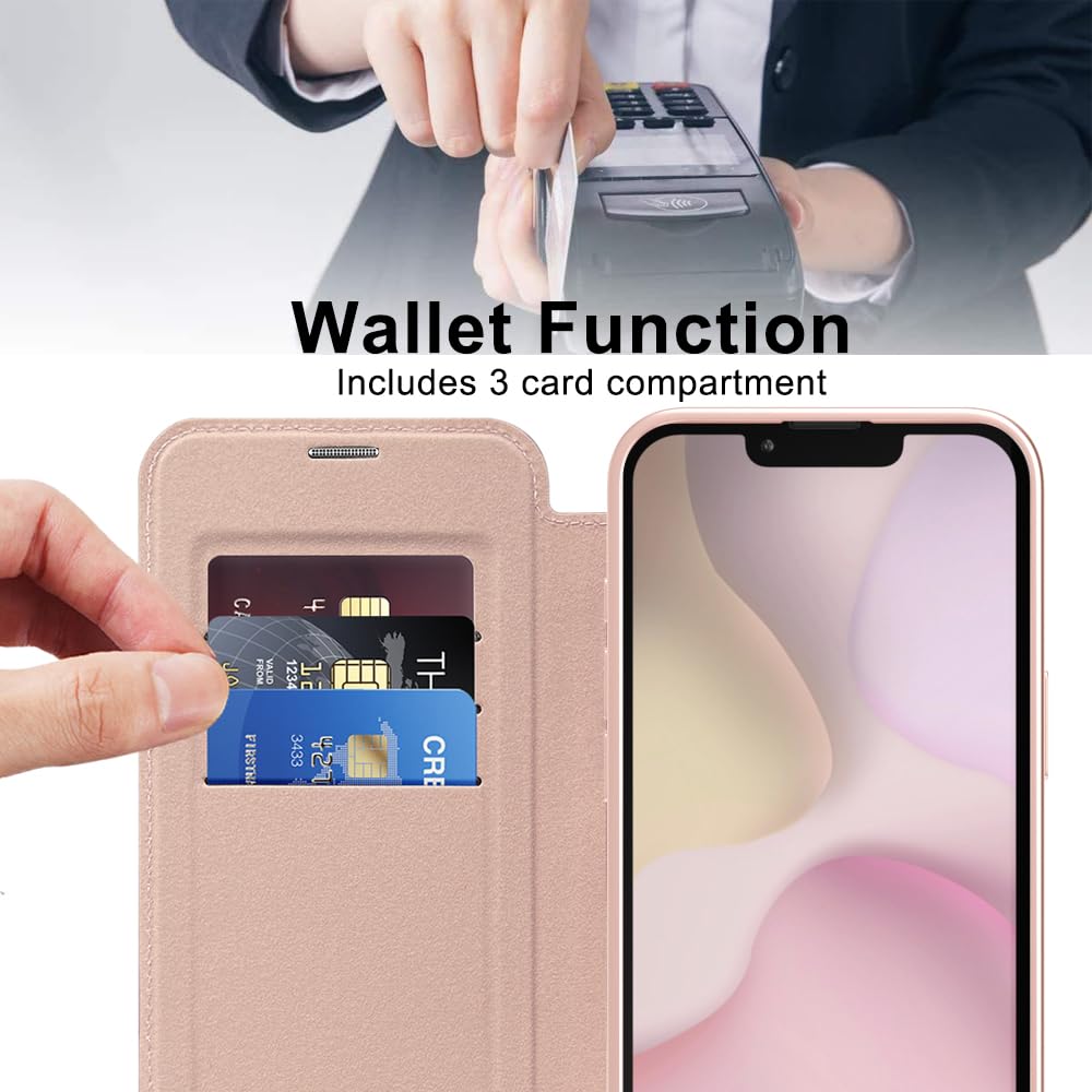 Coque Magnétique pour iPhone 16E / 17E Compatible avec MagSafe, RFID Blocage, Dos Transparente Antichoc Flip Étui en Cuir Portefeuille avec Cartes Housse Case pour iPhone 17E, Rose JD
