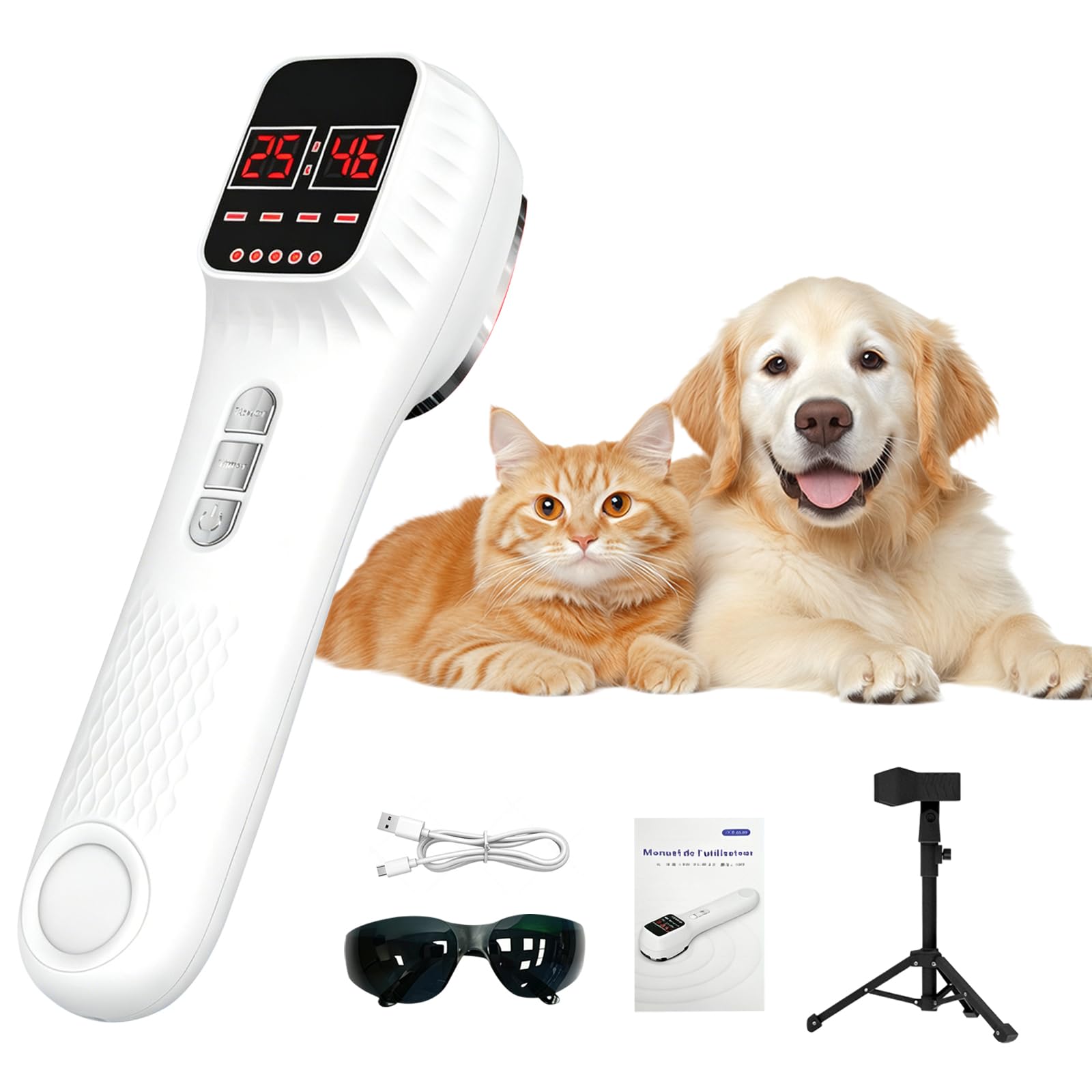 Dispositivo de terapia láser portátil para humanos y mascotas, con soporte y gafas de protección 16 × 650 nm + 3 × 808 nm regulación de intensidad en 4 niveles para todo el cuerpo