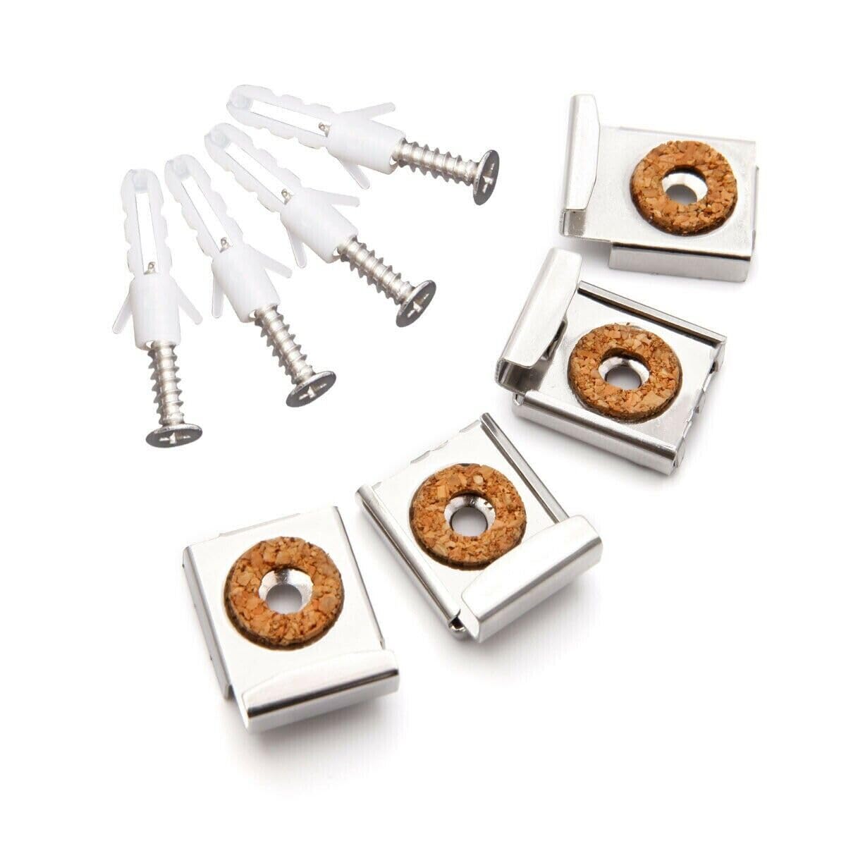 Ara Choice Silver 4X Chrome Frameless Mirror Glass Unframed Bathroom Wall Hanging Fixing Kit Clips Metal Effect Spring Loaded With Screws And Raw Plugs Mount Kit For Toilet Decoration