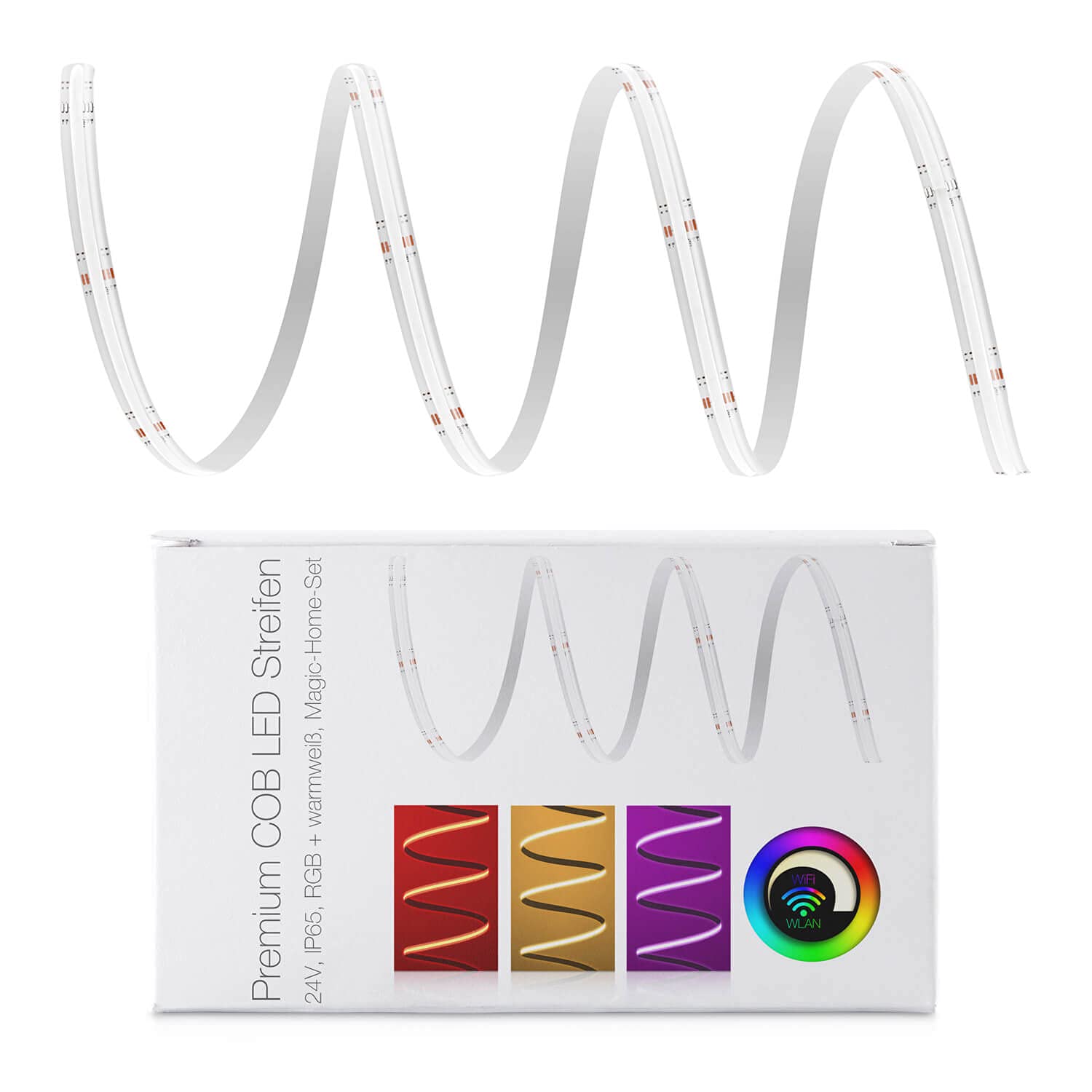 LED Universum Juego de tiras LED COB WLAN RGB-W con controlador Magic Home y fuente de alimentación, filamento premium, 24 V, tiras LED IP65 RGB-WW, multicolor (2 metros)
