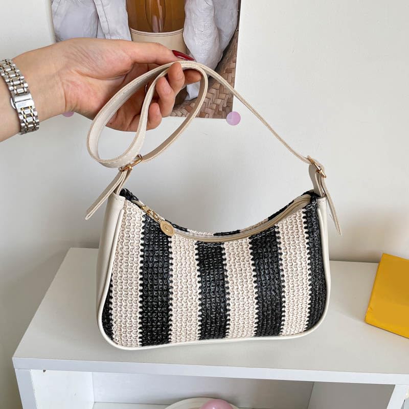Borsa a tracolla da spiaggia da donna, grande capacità, in paglia | EcoGleam Borsa a tracolla in paglia leggera con grande capacità, motivo a righe, 24 x 16 x 7 cm