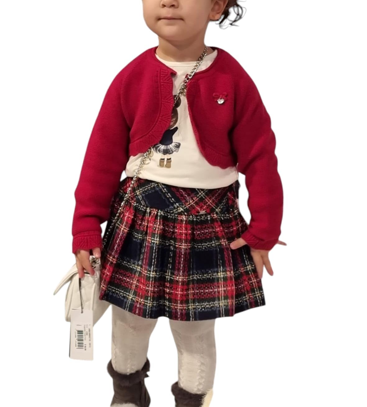 Mayoral Completo Natale neonata 24 mesi - 2 anni 92 cm gonna in tartan scozzese - t-shirt e cardigan rosso