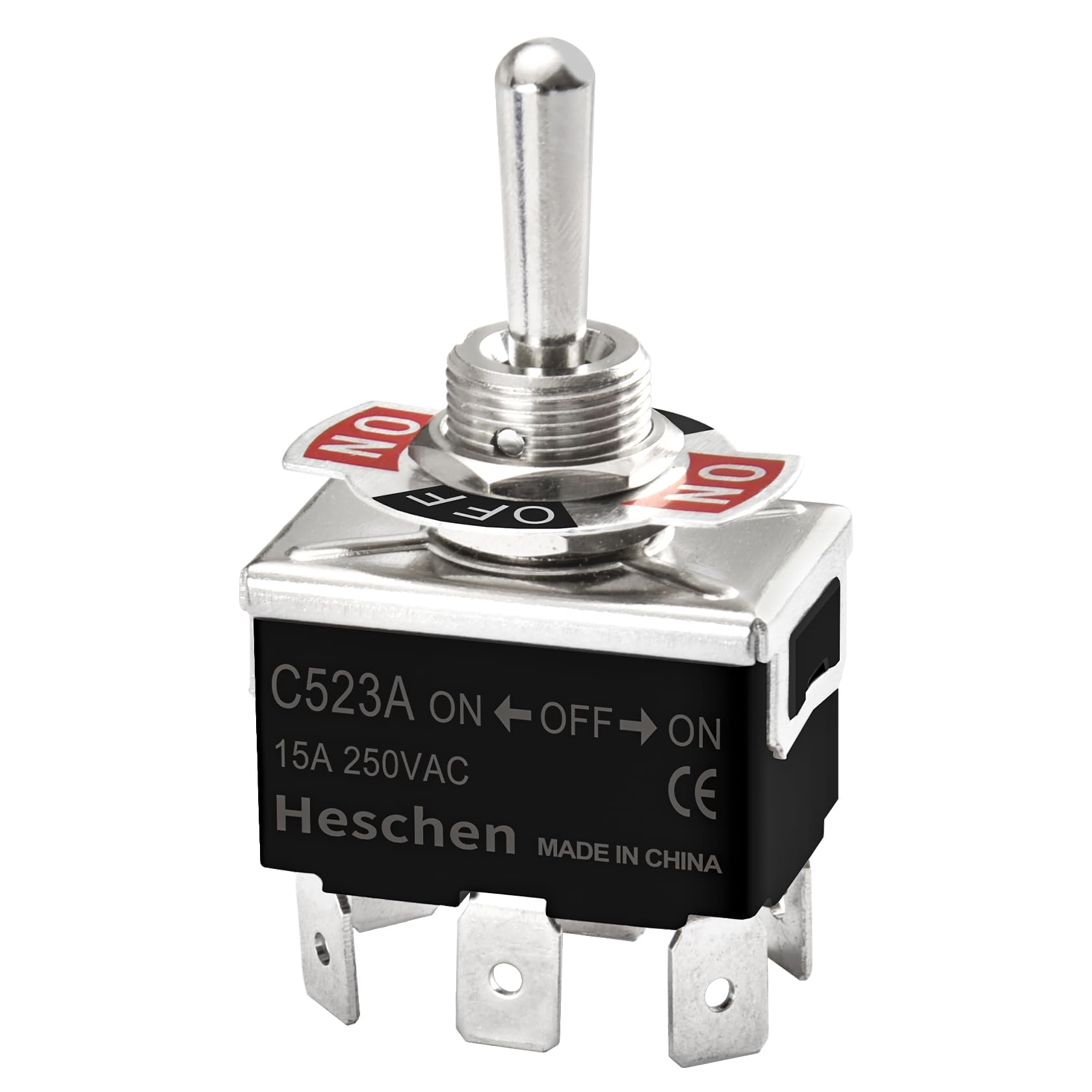 Heschen Metal Toggle Switch, C523A, DPDT, Maintained, ON/Off/ON 3