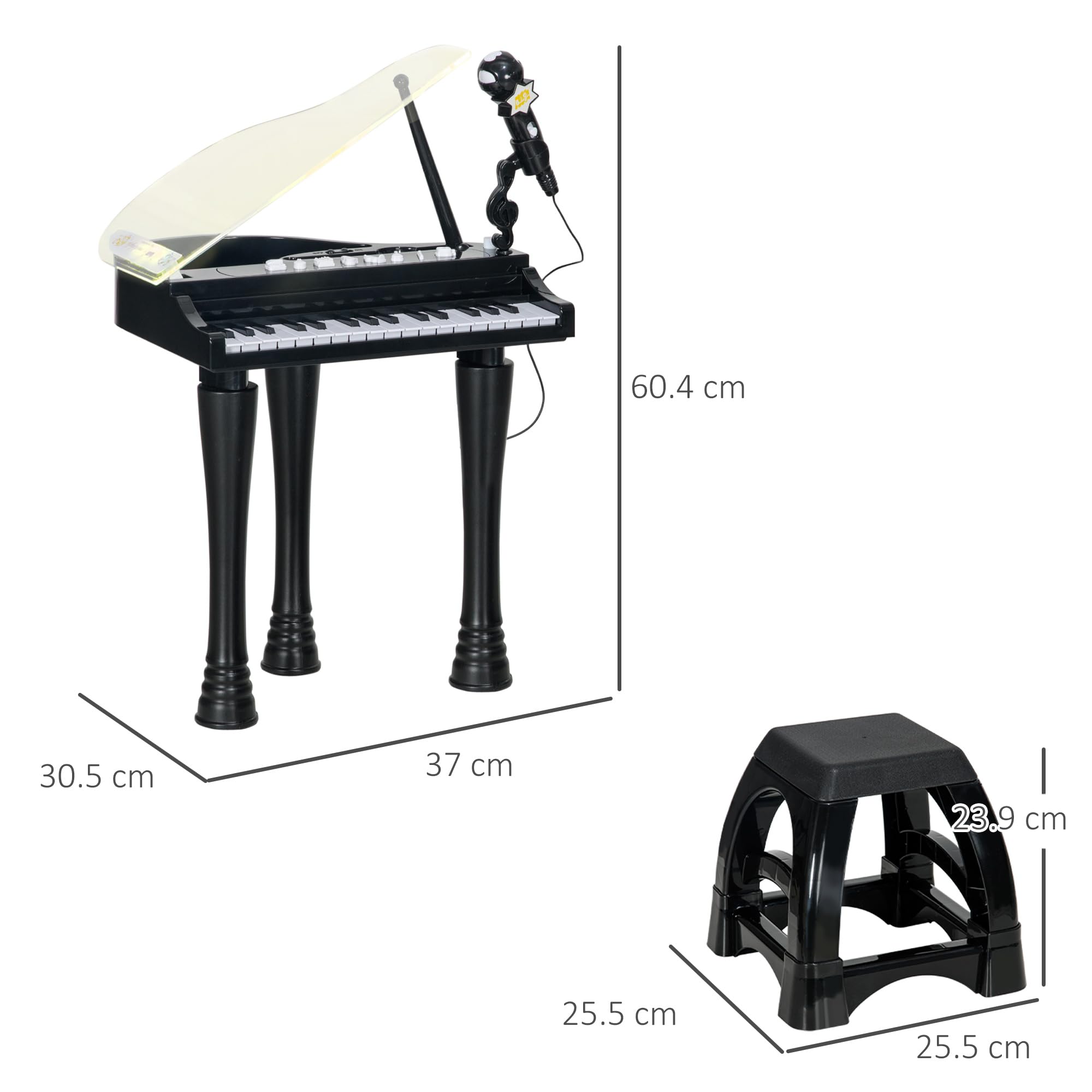 AIYAPLAY Pianoforte per Bambini a 32 Tasti con Microfono e Musiche Nero | Con Sgabello, Tastiera Pianoforte Giocattolo, Gambe Rimovibili