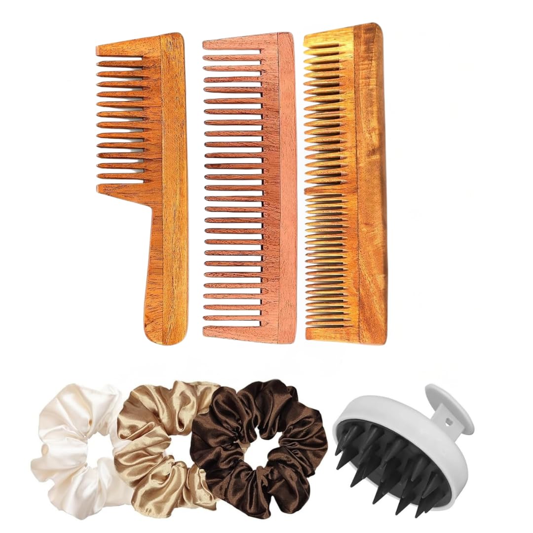 Hair Care Combo Set with Wooden Combs, Satin Scrunchies & Scalp Massager | Anti-Static Detangling Comb, Hair Accessories Kit for Women & Girls | Frizz Control & Hair Growth Support-image-3