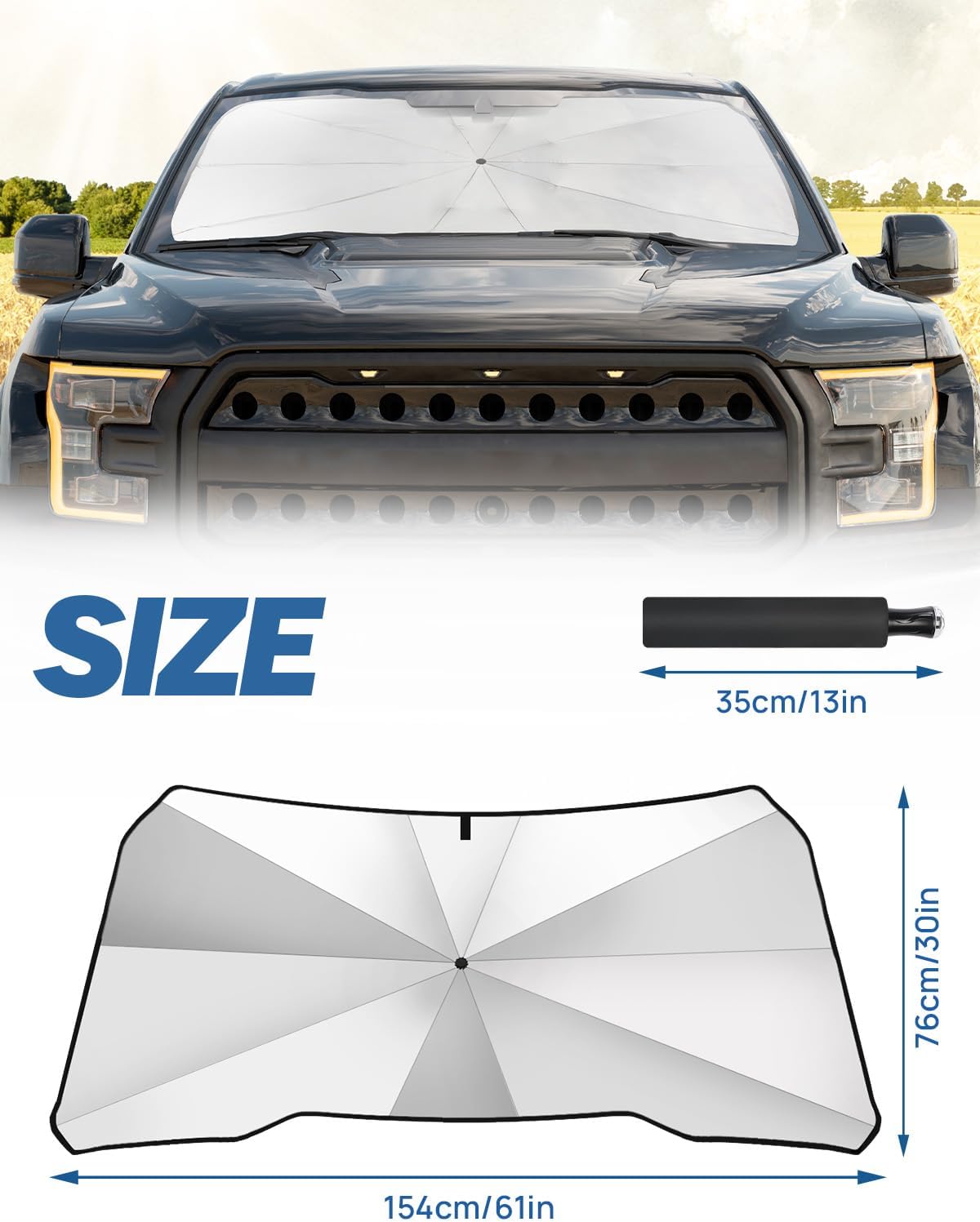 JOYTUTUS Windshield Sun Shade Umbrella, Fit for Ford 2015-2025 F150 F250 F350, Front Window Sun Shade with 360° Rotation Bendable Shaft, Titanium Silver Coating for UV Block, with Car Safety Hammer
