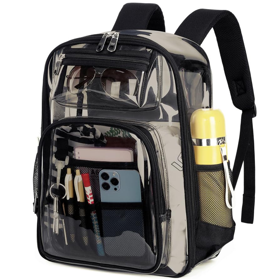 PIG PIG GIRLClear Backpack Heavy Duty TPU ，See Through School Backpack Stadium Approved，Quick Security Check See Through Backpacks Transparent Bookbag,Black/Semi-transparent