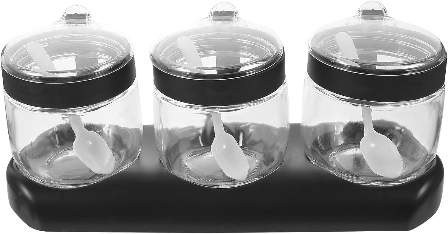 UPKOCH Glass Spice Jar Set with 3 Compartments 350ml Black Tray, Multi-function Seasoning Container for Kitchen Condiment Storage and Salt Holder