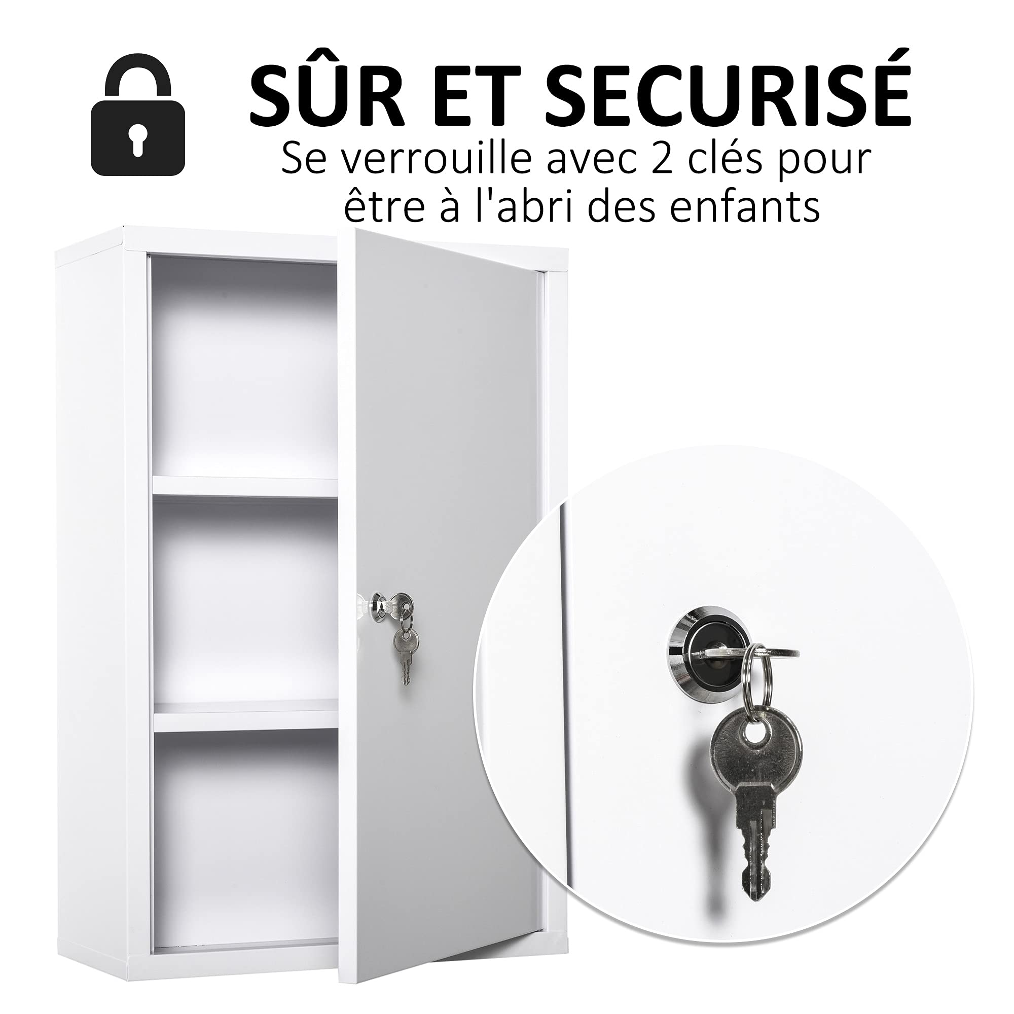 kleankin Armoire à Pharmacie 2 étagères 3 Niveaux verrouillable dim. 40L x 18l x 60H cm 2 clés métal Blanc