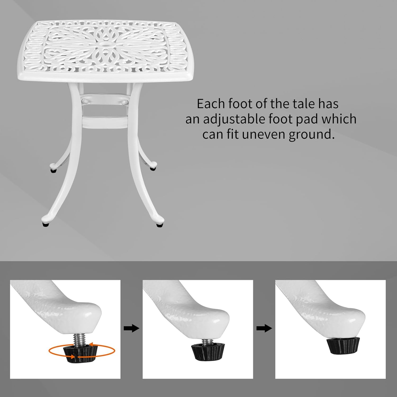 Square Patio Dining Table with Umbrella Hole,Retro Cast Aluminum Outdoor Coffee Table Bistro Table Openwork Floral Pattern End Side Table Cocktail Bar Table for Backyard, Garden, Pool, Porch,White