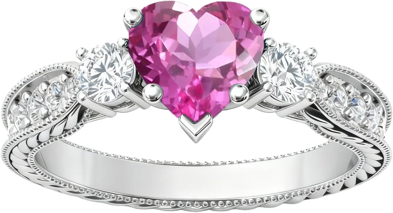 Heart Gemstone Vintage Rings for Women 2CT Gemstone 3 Stones Promise Anniversary Ring Jewelry Gift for Women Size 4-15