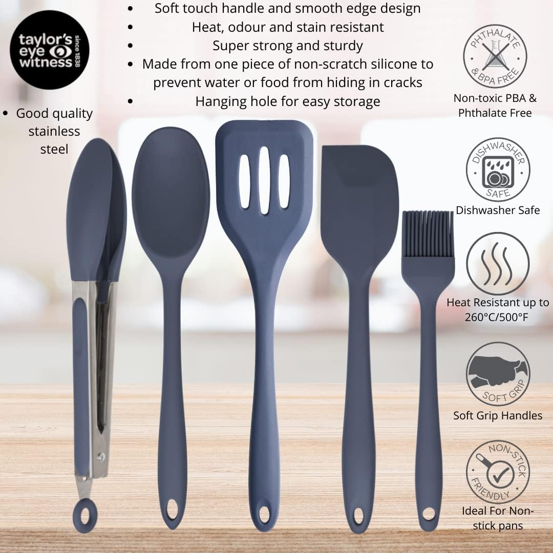 Taylors Eye Witness Denim Blue Silicone Turner, Spoon, Spatula, Tongs, and Brush Set, 5 Pcs Set - Image 5