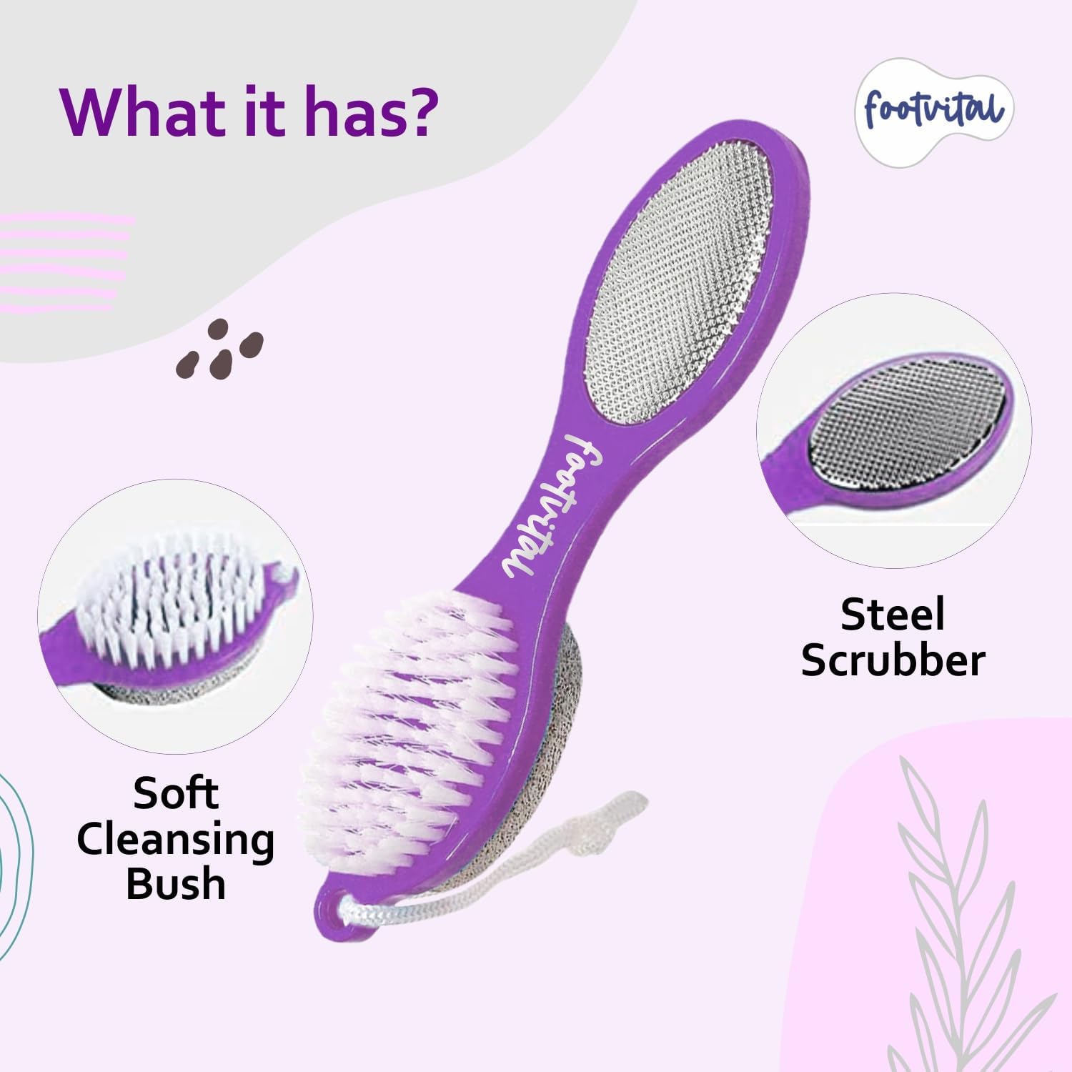 Footvital 4 in 1 Pedicure Tool for Rough & Dry Feet Dual-Sided with Pumice Stone Soft Brush Steel Scrubber & Emery File Softens Hard Foot Corns & Calluses (Multicolor (Pack of 2) 2