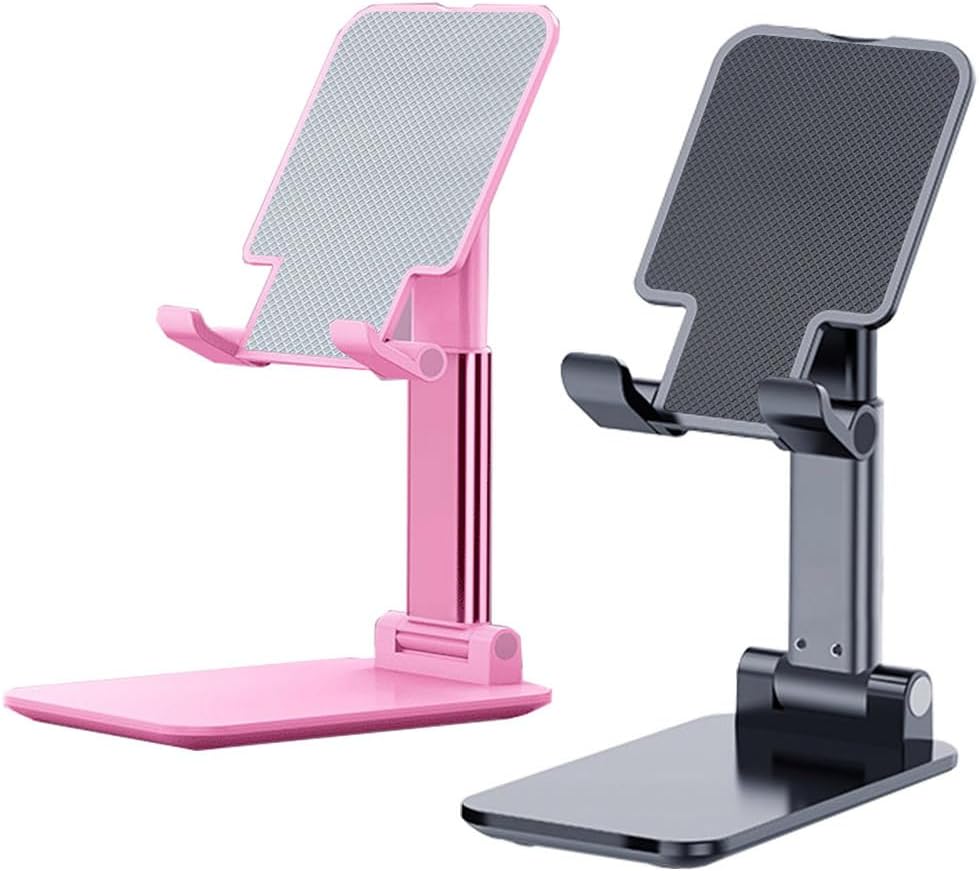 2 Pcs MT-6 Cell Phone Holder, Adjustable Angle and Height, Anti-Slip Silicone Pad, Foldable and Portable, Compatible with 4-8 Inch Devices(Black+Pink)