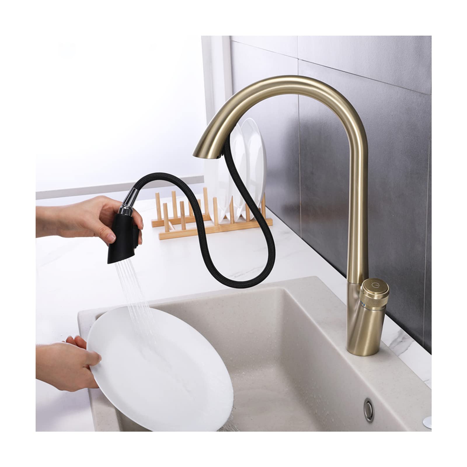 Lmysxaoz Gold Kitchen Faucet,Brushed Sink Faucet With Pull Down Sprayer,High Arc Single Handle Brass Faucets For Farmhouse Camper Bar Sinks,Deck Mounted