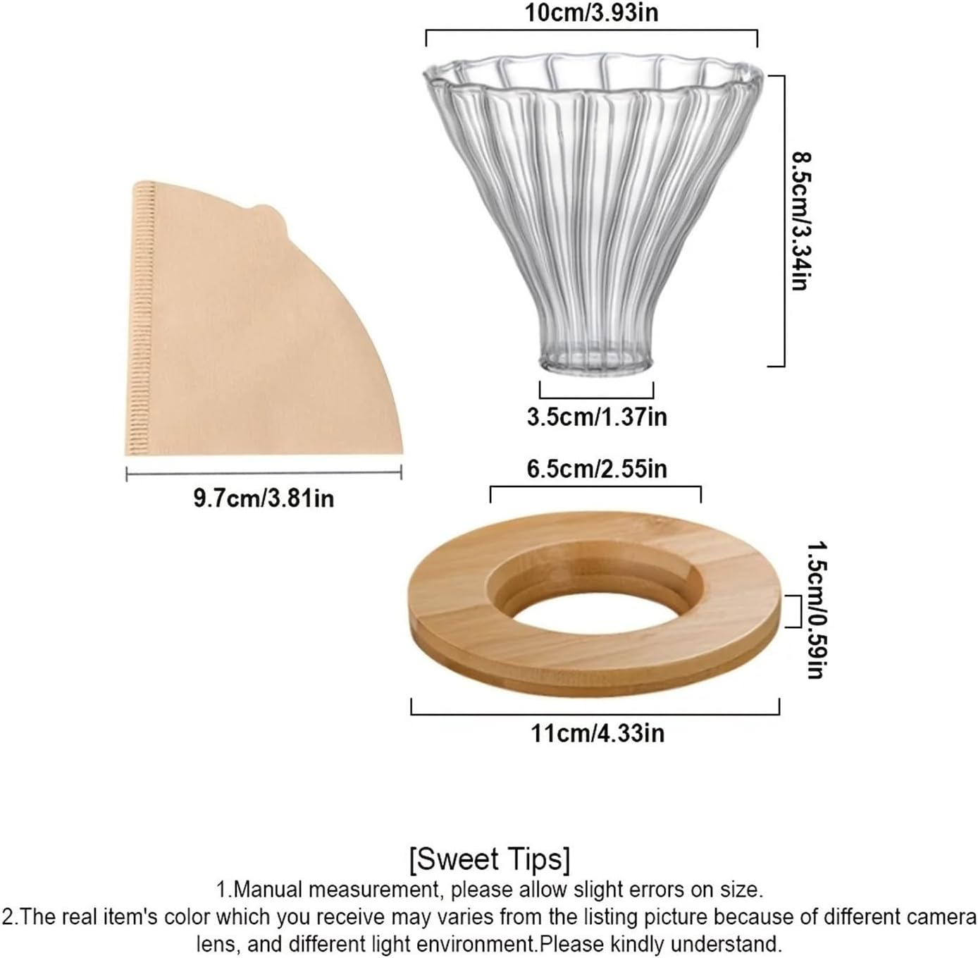Glass Dripper/Filter With Coffee Filters Set, Glass Pour Over Coffee Cone With Bamboo Stand, Drip Maker Funnel(Urea pump)