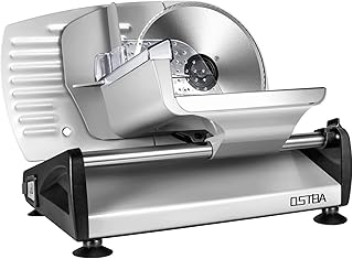 OSTBA SL-518 Electric Deli Food Slicer with Child Lock Protection, Removable 19cm Stainless Steel Blade and Food Carriage, 0-15mm Adjustable Thickness Machine for Meat, Cheese, Bread,150W, Silver