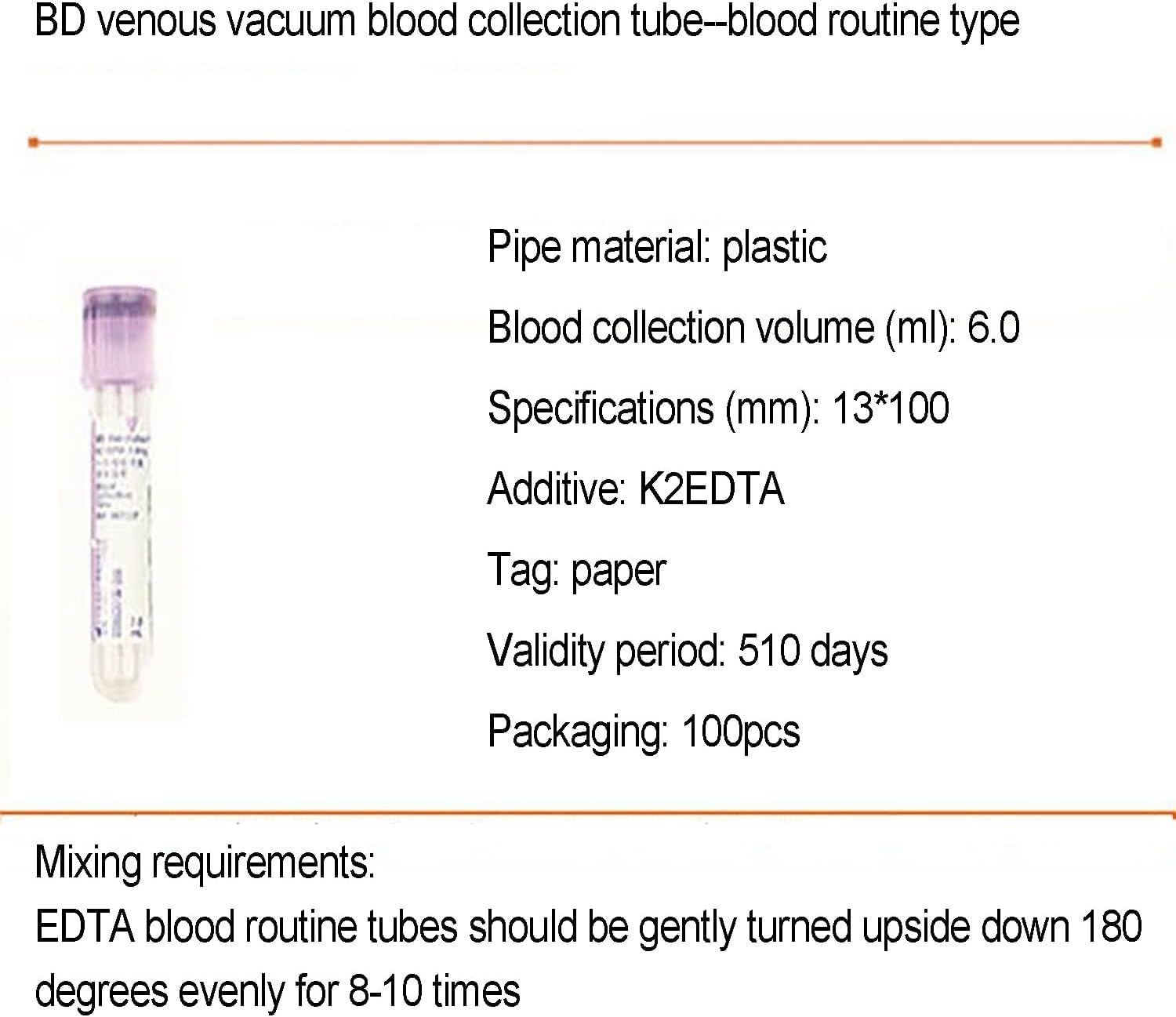 100 szt. 6 ml probówek do próżniowego pobierania krwi, probówki wirówkowe EDTA, szklane probówki na krew, probówki Vacutainer, probówki laboratoryjne z fioletową zakrętką do szpitali.