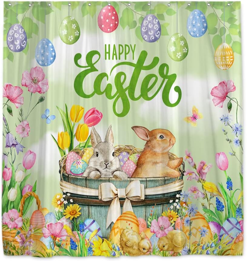 Onecmore Easter Shower Curtain Spring Bunny Colorful Floral