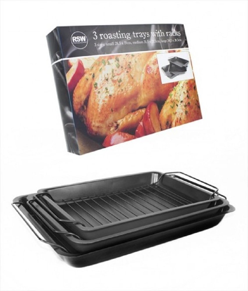 Royle Black Pack Of 3 Roasting Trays Handles Cooking Set Oven Dish Bakeware Non Stick Baking
