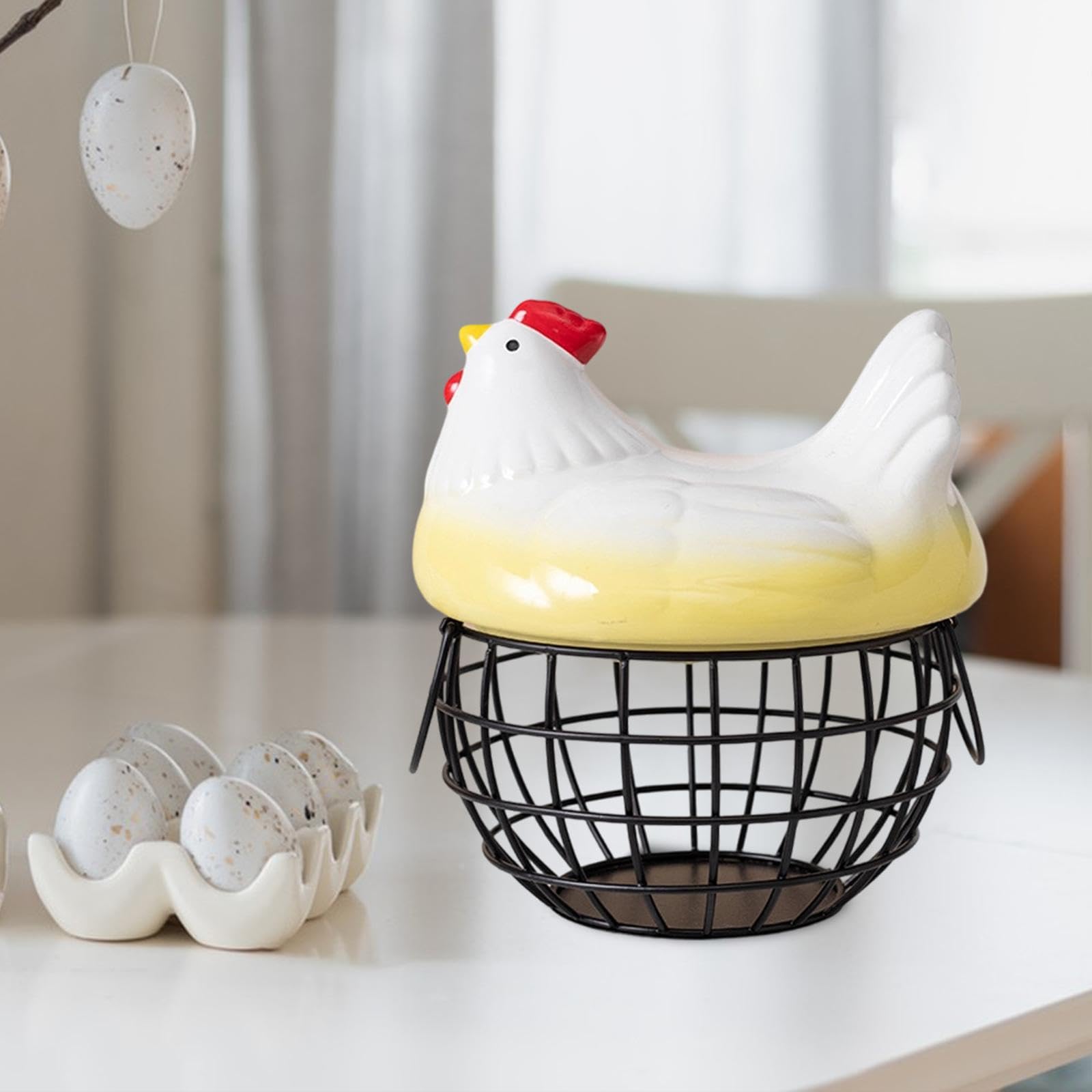 kowaku Cesta para Huevos de Organizador de Encimera Recipiente de Metal con Tapa Decorativa Capacidad Amplia Adecuado para Uso en Despensa, Negro Amarillo, Individual
