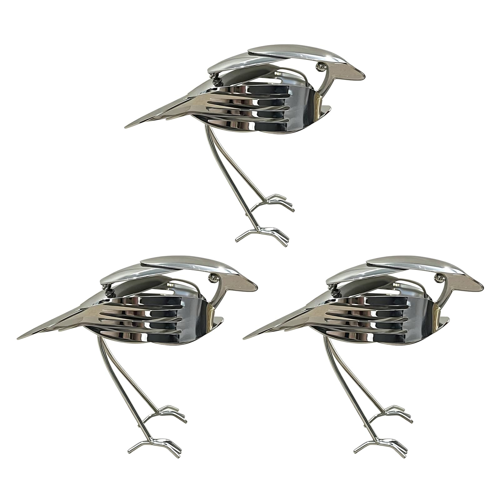 3pcs Robin Metal Art Sculpture Handcrafted Bird Statue Spoon Fork Mockingbird Sculpture Stainless Steel Small Yard Art Figurine Ornament for Dining Table Office Desktop (2 Silver)