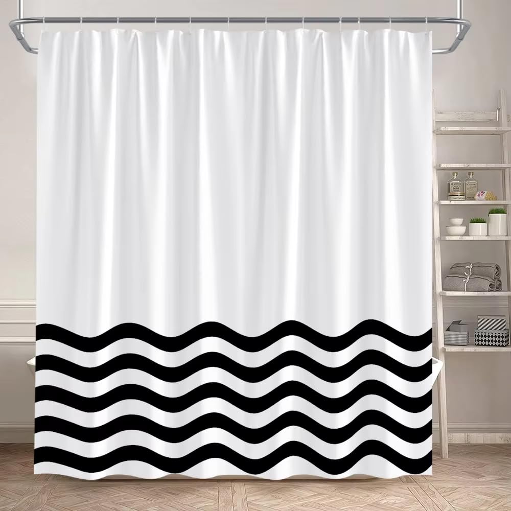 Schwarz-weißer, wellenförmiger Duschvorhang mit Streifen, kreatives geometrisches Liniendesign, moderner, minimalistischer Badezimmervorhangstoff170x220cm/67x87in(Breite x Höhe)