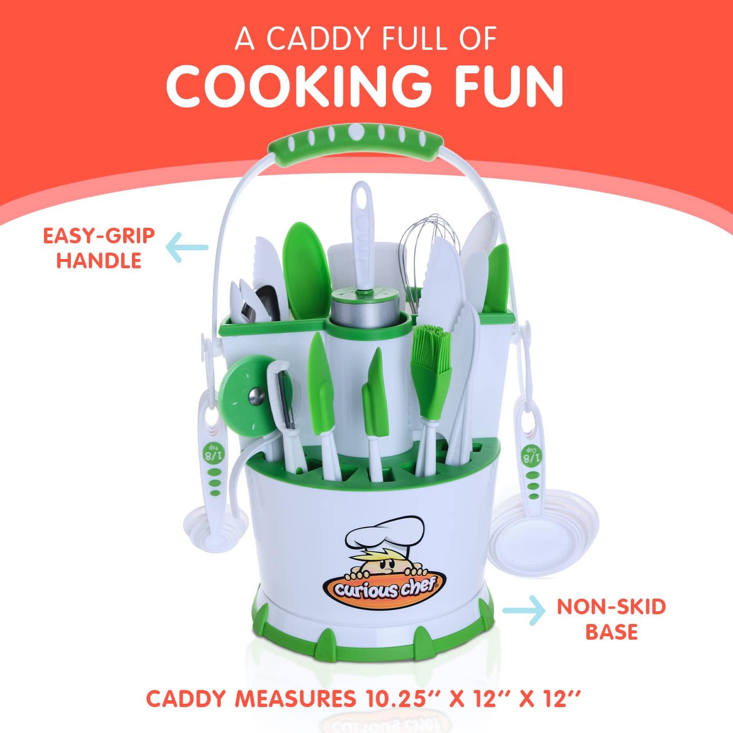 Curious Chef 30-Piece Caddy Collection Cookware, White/Green, Dishwasher Safe, BPA-Free Plastic, Includes Real Utensils - Rolling Pin, Spoons, Whisk, Knives, Measuring Cups, Vegetable Peeler & More