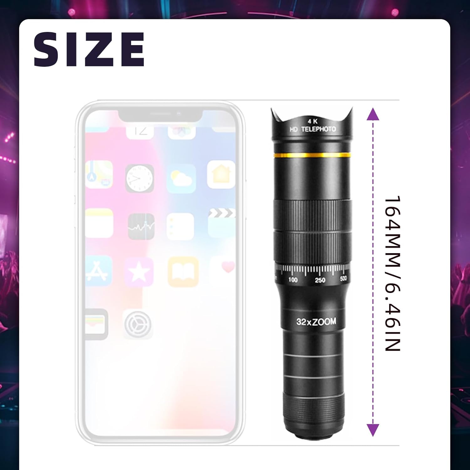 Phone Camera Lens Kit, 32X Long Focus Telephoto High Power HD Lens Wide Angle 0.63X Macro Fisheye 198° for Most Smartphones, Zoom Phone Camera Lens with E-Clip and Tripod for Picture Video Taking