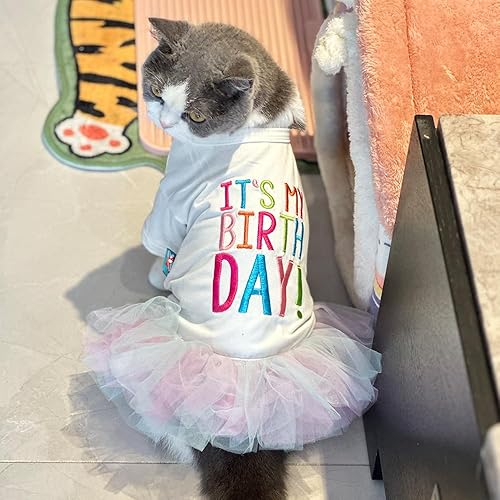 Miniatura 4 de Paquete de 3 vestidos de tutú de cumpleaños para perras, bufanda rosa de cumpleaños de gato y sombrero de fiesta, trajes de cumpleaños para perros
