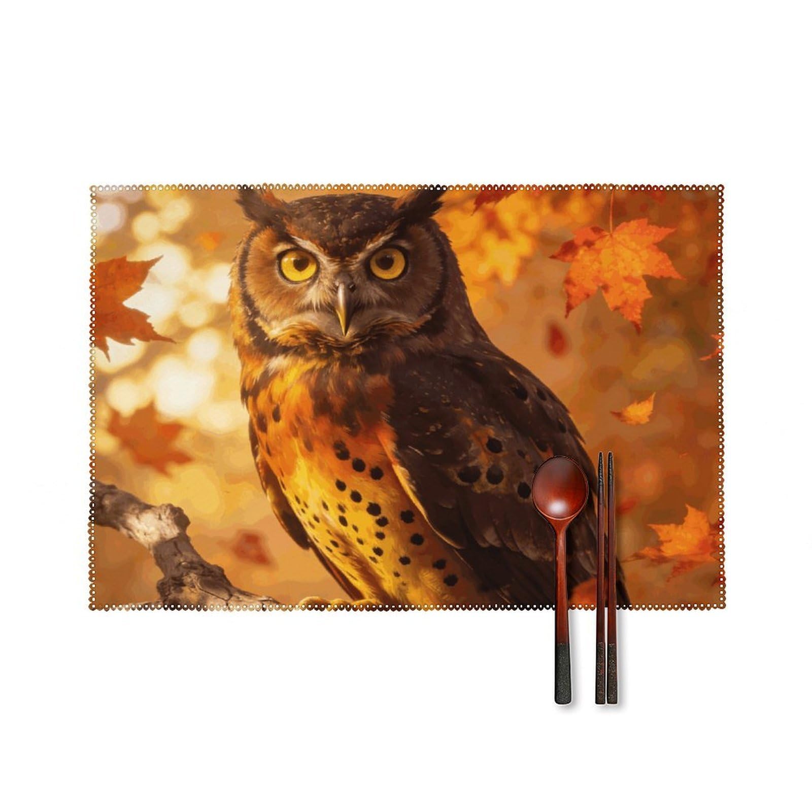 Fall Owl Placemats Set of 6, 12x18 Inch Heat Resistant Washable Canvas Table Mats, Stain Resistant Decorative Dining Placemats for Kitchen, Restaurant, Outdoor Party