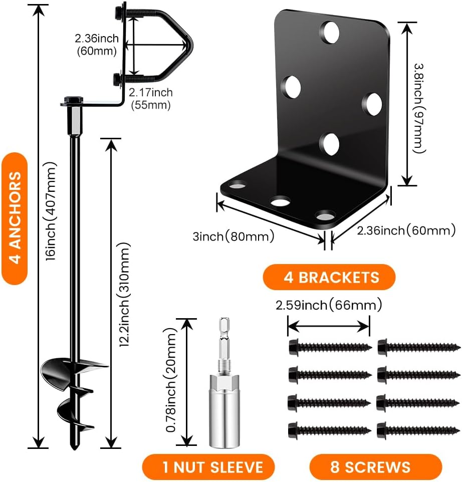Ground Anchors Shed Anchors 14" Set of 4 Trampoline Stakes Screw in Heavy Duty Mobile Home - Storage Shed Anchor Kit - Playset Swing Anchors - Stakes for Fence,Carport,Garden (Black, 4 x 14in)