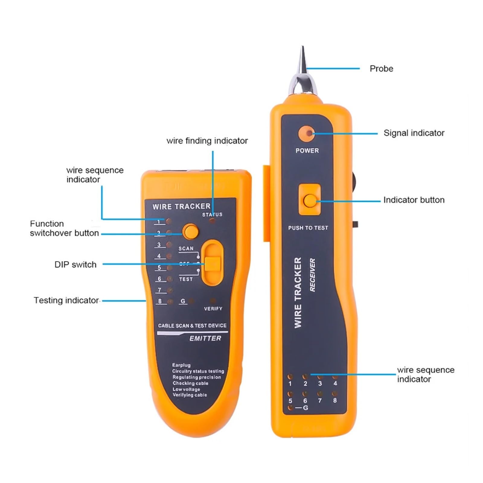 Tester kabli sieciowych LAN Lokalizator przewodów telefonicznych Diagnostyka tonów dla STP UTP Cat5 Cat6 RJ45 RJ11 linii detektora Testy transmisji(Yellow)