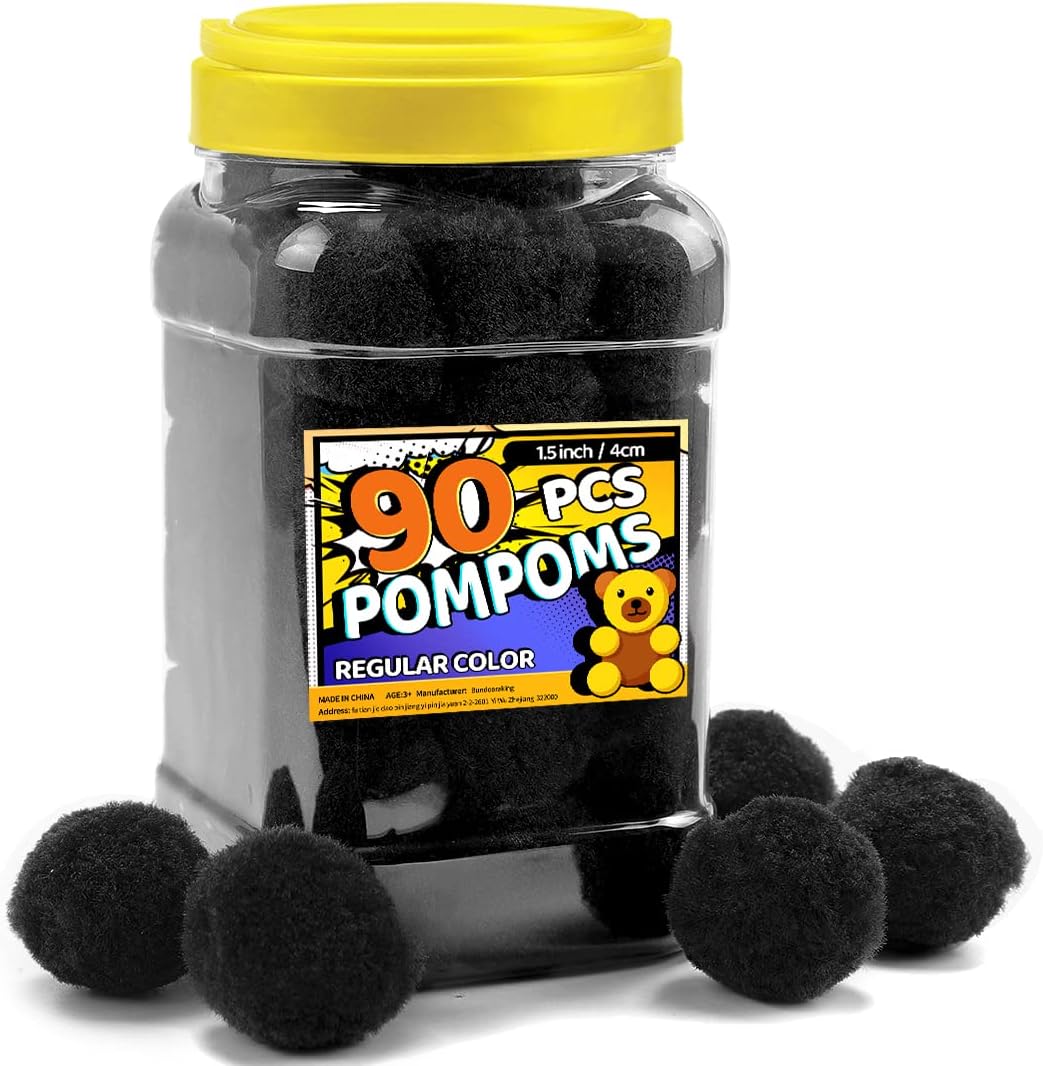 Bundooraking Pom Poms, 1.5 inch (4cm), 90pcs Black Pom Poms, Pom Poms for Crafts.