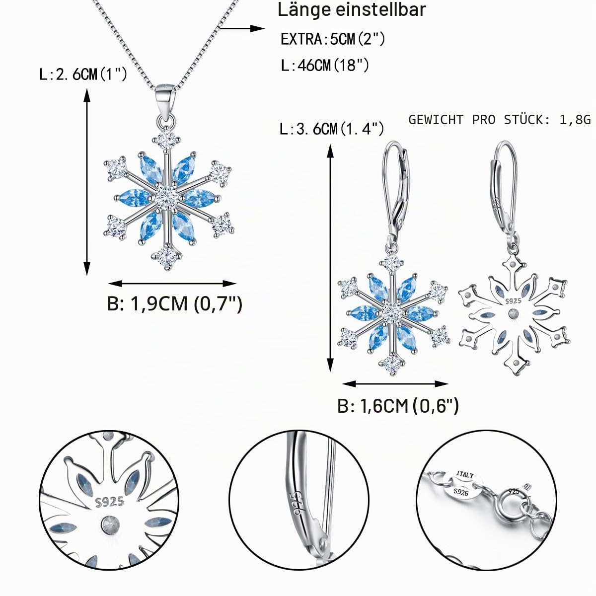 EVER FAITH Schneeflocke Schmuckset Sterling Silber Zirkon Winter Snow Weihnachten Halskette und Leverback Ohrringe Set